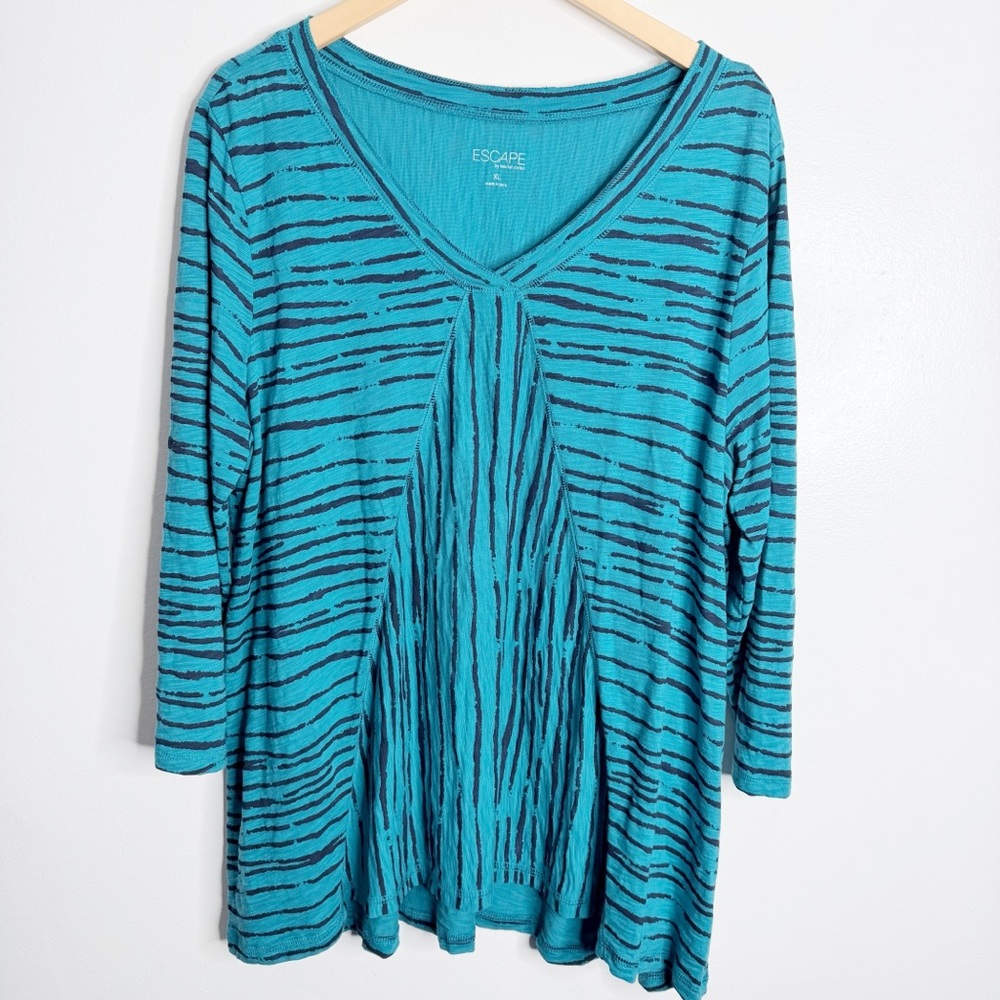 Escape Habitat Teal Stripe Top XL V-Neck 3/4 Sleeve Flowy Swing Tunic‎ Relaxed